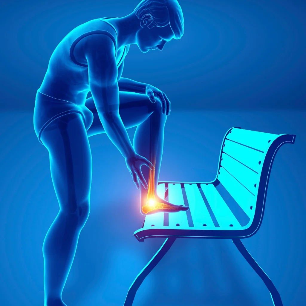 Illustration of an ankle and Achilles tendon with the painful area highlighted