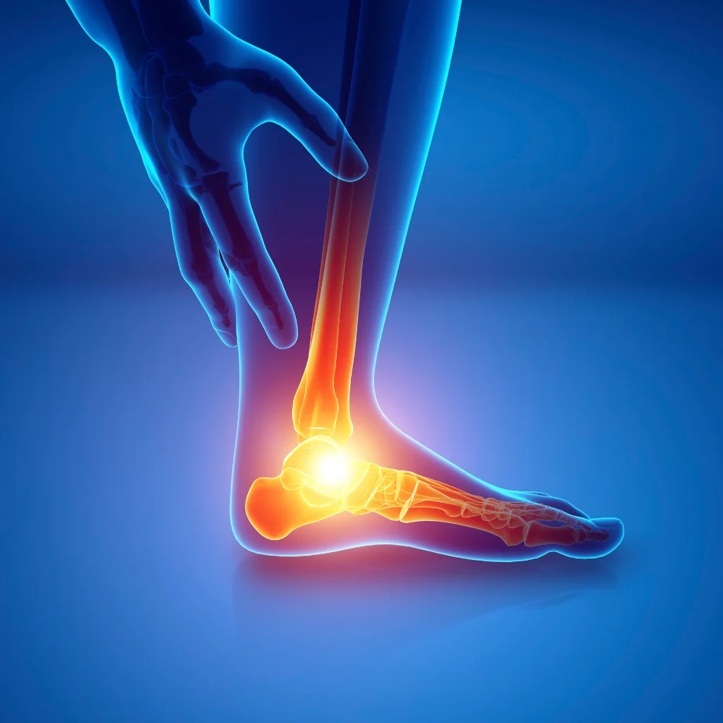 Illustration of a heel and ankle with the painful area glowing orange under a hand