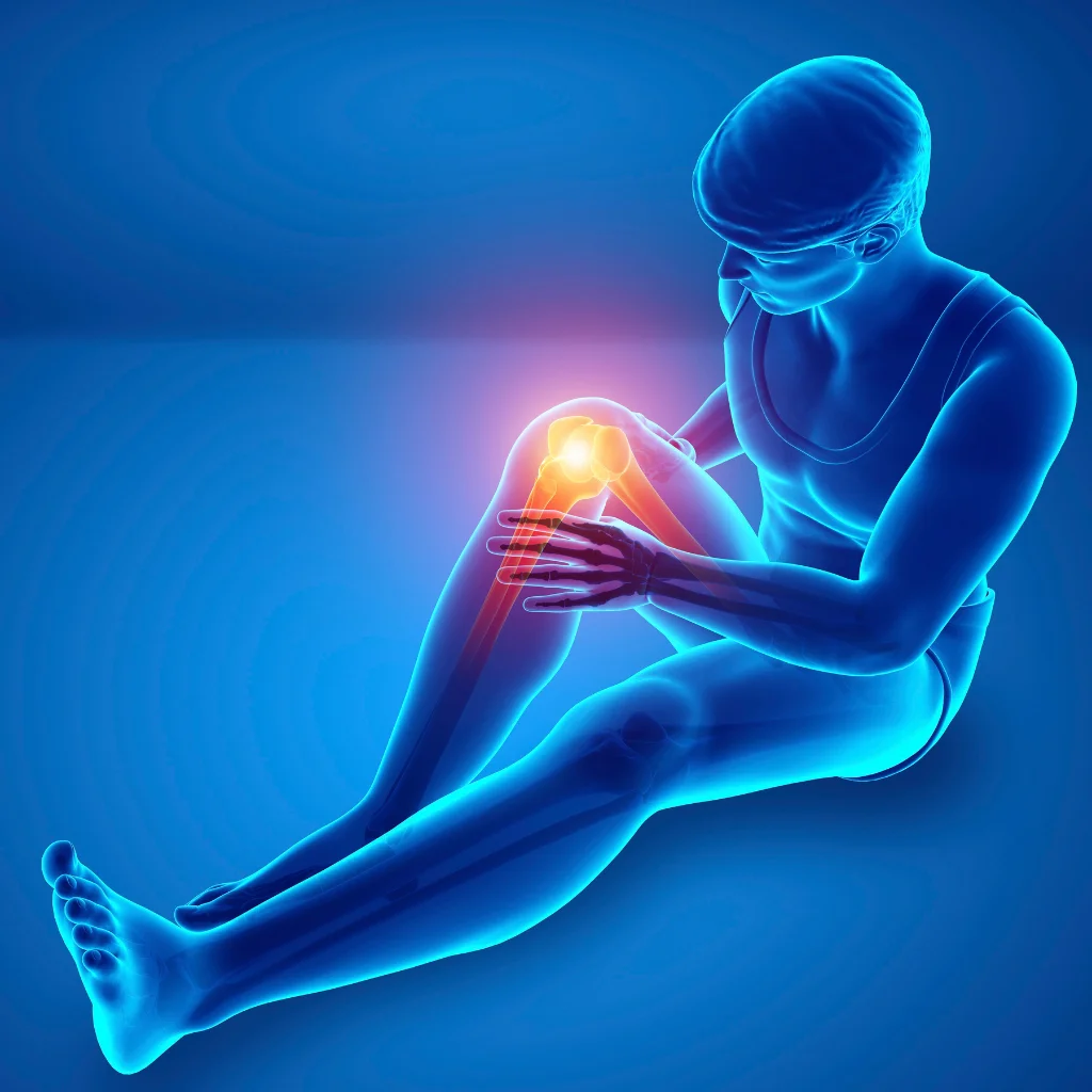 Illustration of a knee joint with the painful area highlighted