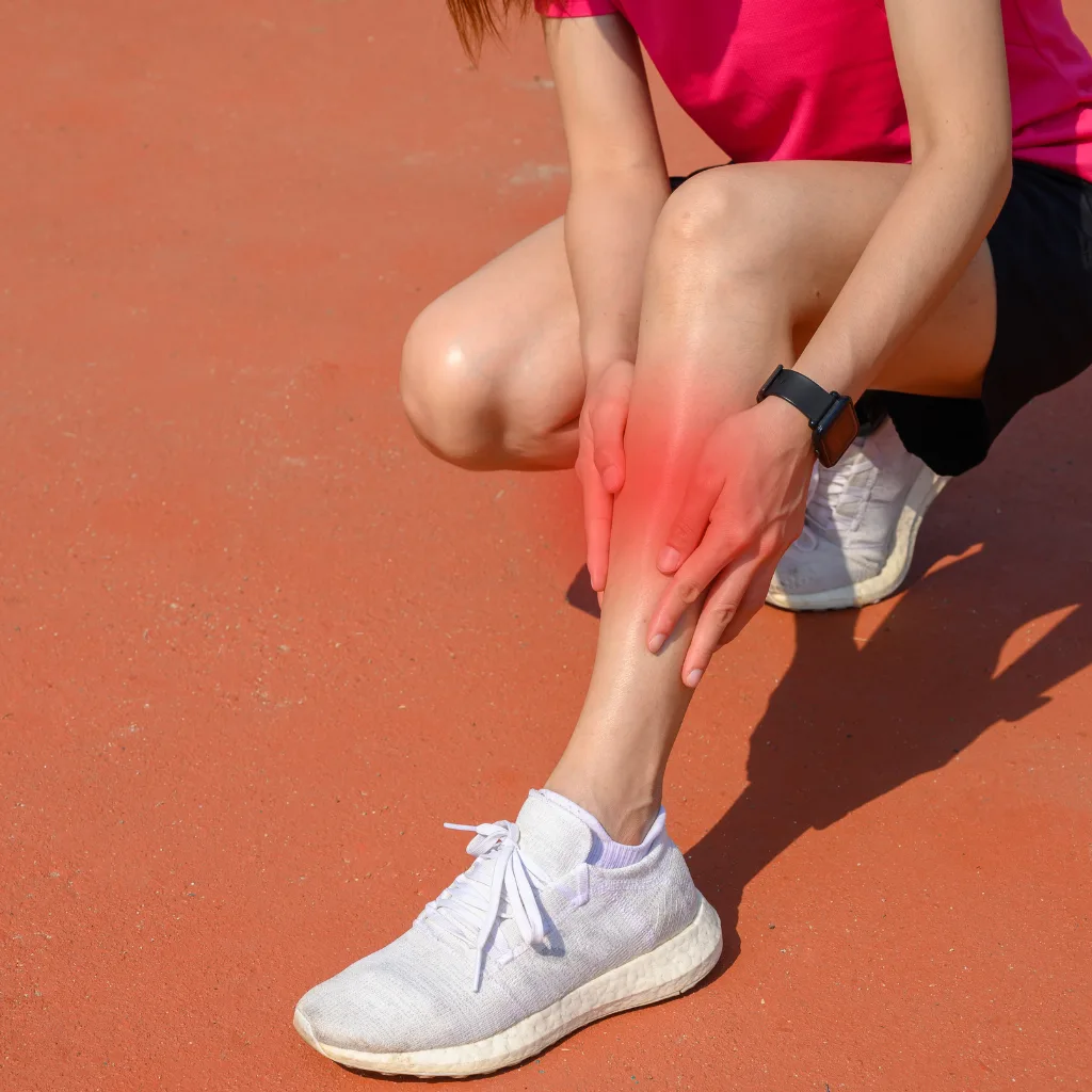 Runner crouched on a track holding a lower shin, the painful area along the shin bone highlighted in red